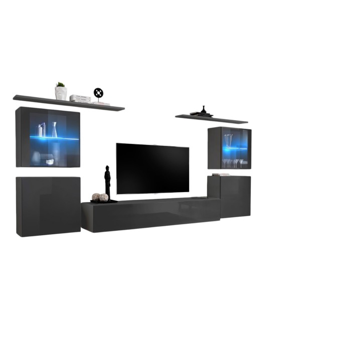 Ensemble meuble salon mural SWITCH XIV design, coloris gris brillant.