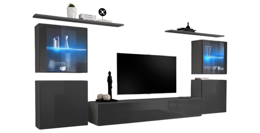 Ensemble meuble salon mural SWITCH XIV design, coloris gris brillant.