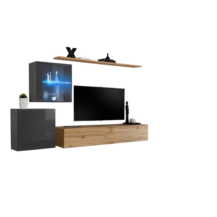 Ensemble meuble salon mural SWITCH XV design, coloris chêne Wotan et gris brillant.