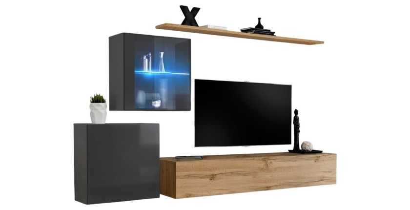 Ensemble meuble salon mural SWITCH XV design, coloris chêne Wotan et gris brillant.
