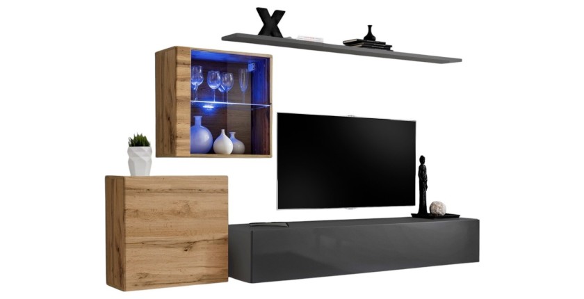 Ensemble meuble salon mural SWITCH XV design, coloris gris brillant et chêne Wotan.