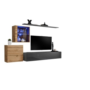 Ensemble meuble salon mural SWITCH XV design, coloris gris brillant et chêne Wotan.