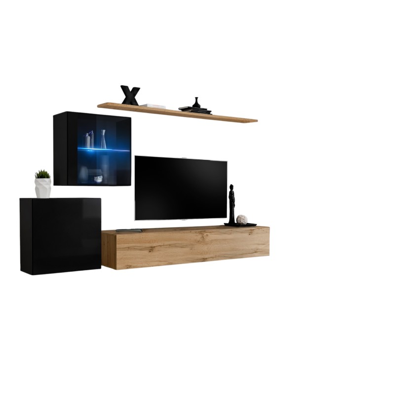 Ensemble meuble salon mural SWITCH XV design, coloris chêne Wotan et noir brillant.