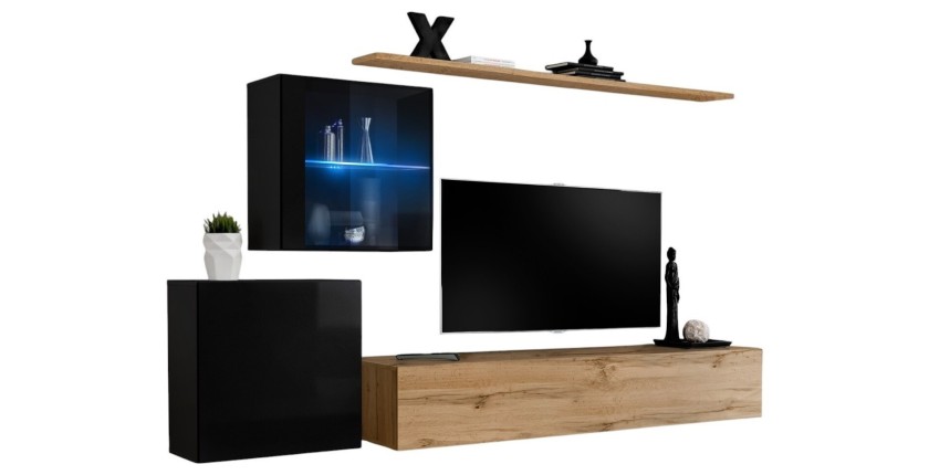 Ensemble meuble salon mural SWITCH XV design, coloris chêne Wotan et noir brillant.