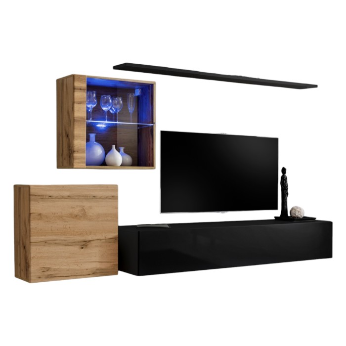 Ensemble meuble salon mural SWITCH XV design, coloris noir brillant et chêne Wotan.
