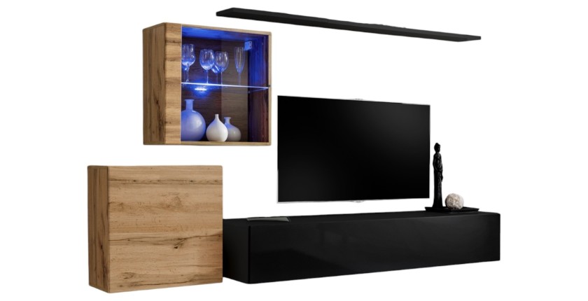 Ensemble meuble salon mural SWITCH XV design, coloris noir brillant et chêne Wotan.