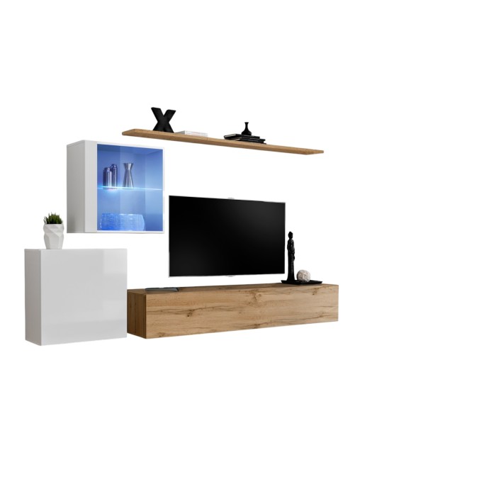 Ensemble meuble salon mural SWITCH XV design, coloris chêne Wotan et blanc brillant.