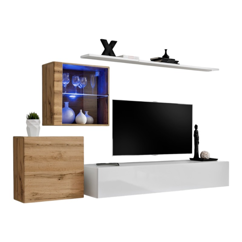 Ensemble meuble salon mural SWITCH XV design, coloris blanc brillant et chêne Wotan.
