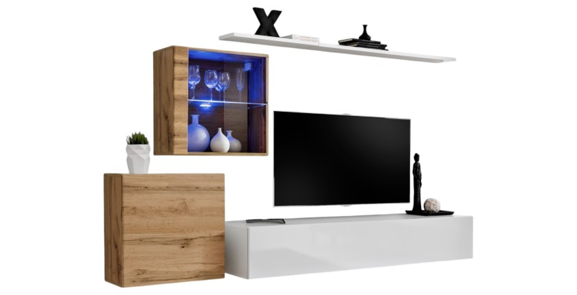 Ensemble meuble salon mural SWITCH XV design, coloris blanc brillant et chêne Wotan.