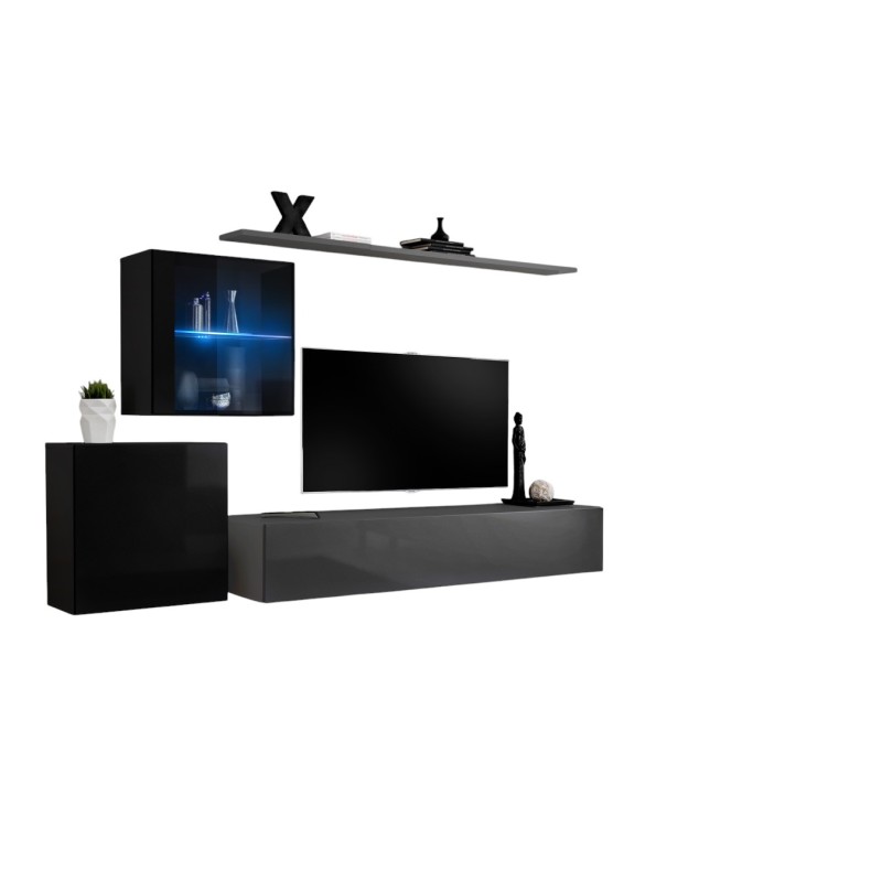 Ensemble meuble salon mural SWITCH XV design, coloris gris et noir brillant.