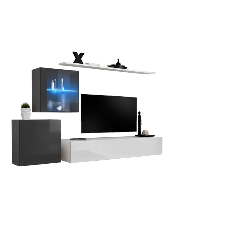 Ensemble meuble salon mural SWITCH XV design, coloris blanc et gris brillant.