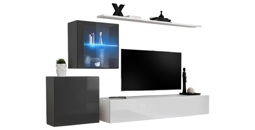 Ensemble meuble salon mural SWITCH XV design, coloris blanc et gris brillant.
