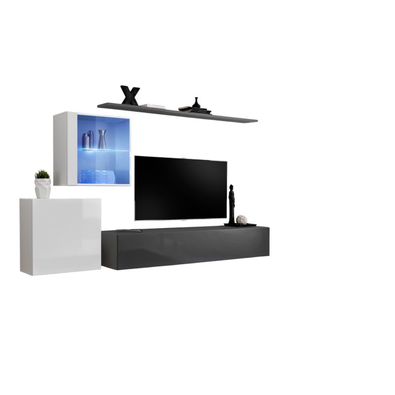 Ensemble meuble salon mural SWITCH XV design, coloris gris et blanc brillant.