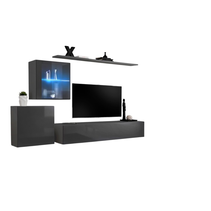 Ensemble meuble salon mural SWITCH XV design, coloris gris brillant.