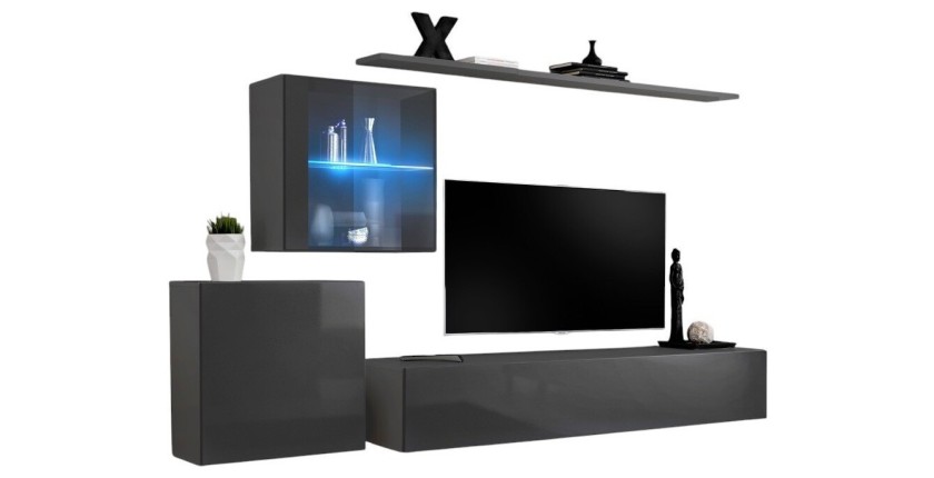Ensemble meuble salon mural SWITCH XV design, coloris gris brillant.