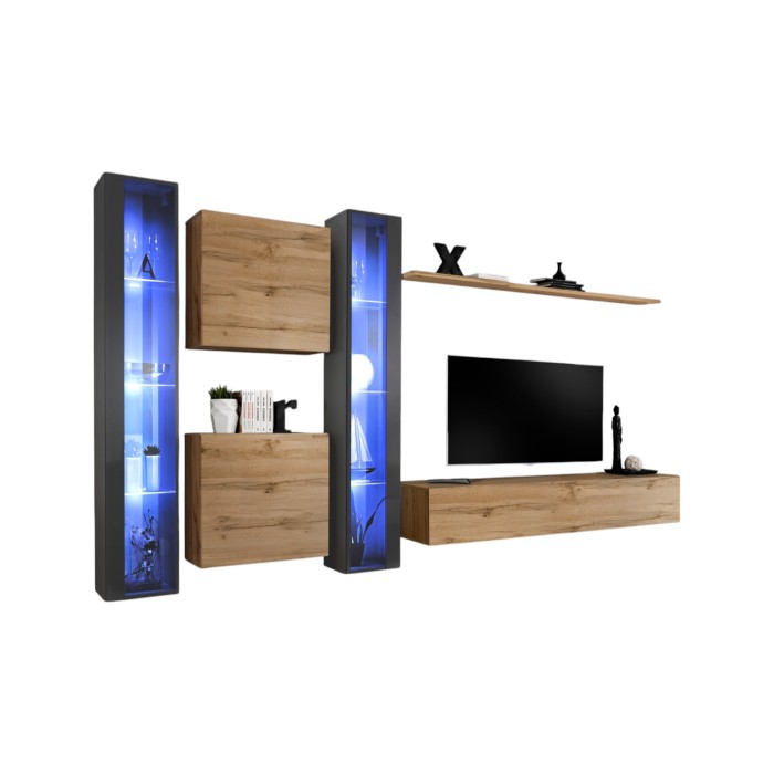 Ensemble meuble salon mural SWITCH XVI design, coloris chêne Wotan et gris brillant.