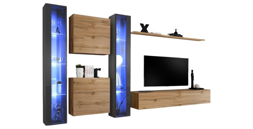 Ensemble meuble salon mural SWITCH XVI design, coloris chêne Wotan et gris brillant.