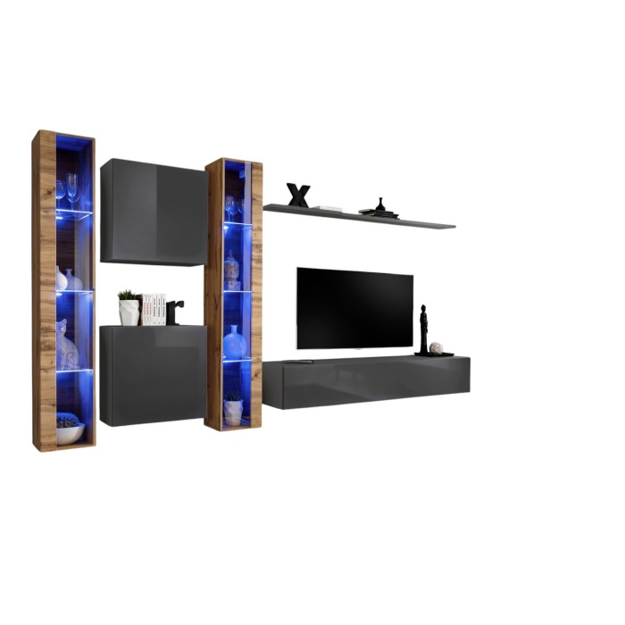 Ensemble meuble salon mural SWITCH XVI design, coloris gris brillant et chêne Wotan.