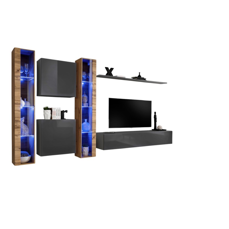 Ensemble meuble salon mural SWITCH XVI design, coloris gris brillant et chêne Wotan.