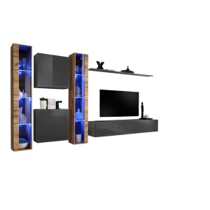 Ensemble meuble salon mural SWITCH XVI design, coloris gris brillant et chêne Wotan.