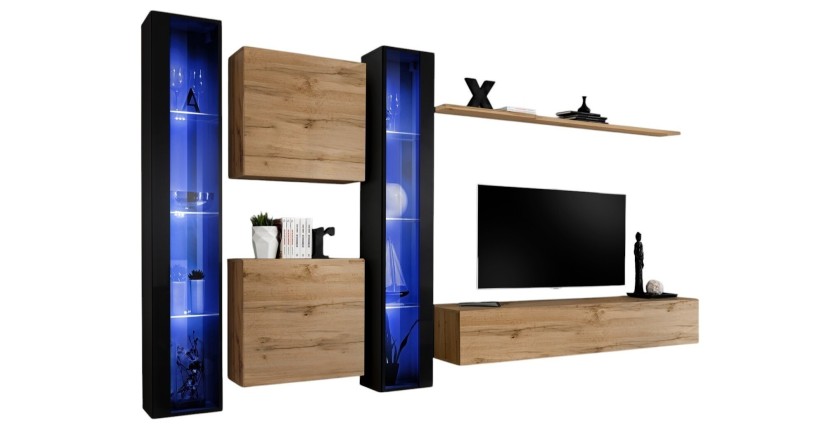 Ensemble meuble salon mural SWITCH XVI design, coloris chêne Wotan et noir brillant.