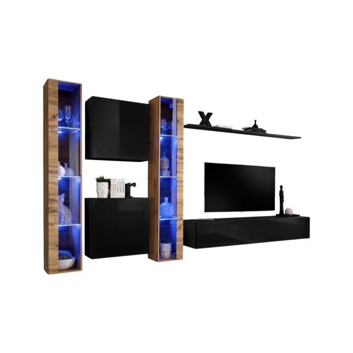 Ensemble meuble salon mural SWITCH XVI design, coloris noir brillant et chêne Wotan.