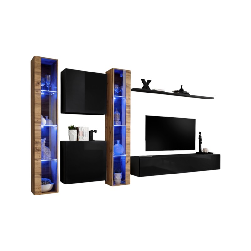 Ensemble meuble salon mural SWITCH XVI design, coloris noir brillant et chêne Wotan.