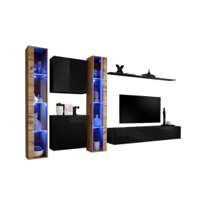 Ensemble meuble salon mural SWITCH XVI design, coloris noir brillant et chêne Wotan.