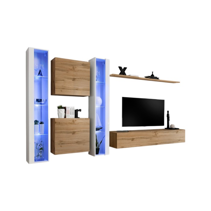 Ensemble meuble salon mural SWITCH XVI design, coloris chêne Wotan et blanc brillant.