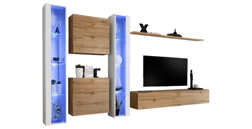 Ensemble meuble salon mural SWITCH XVI design, coloris chêne Wotan et blanc brillant.
