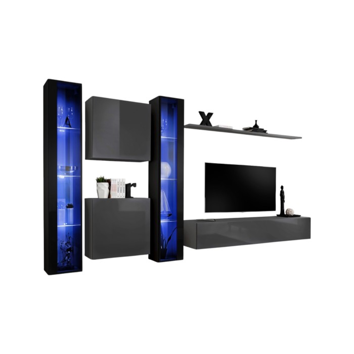 Ensemble meuble salon mural SWITCH XVI design, coloris gris et noir brillant.