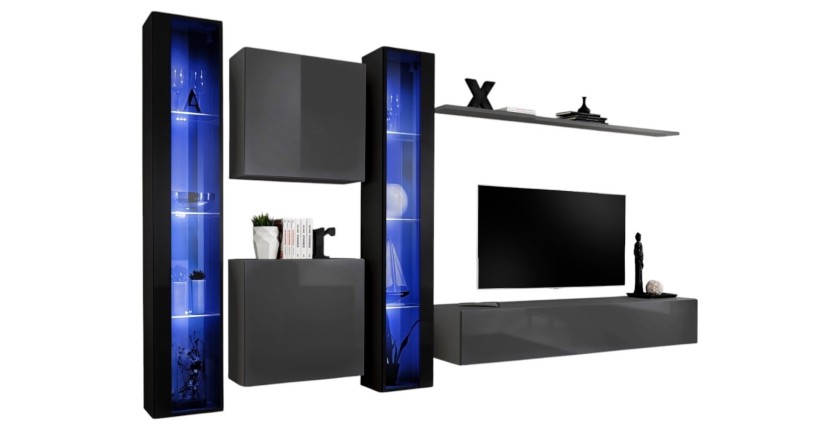 Ensemble meuble salon mural SWITCH XVI design, coloris gris et noir brillant.