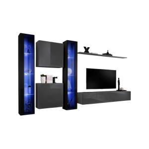 Ensemble meuble salon mural SWITCH XVI design, coloris gris et noir brillant.