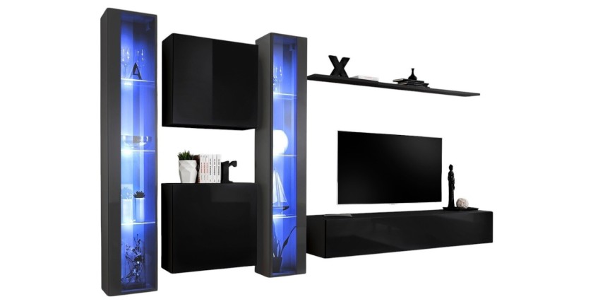 Ensemble meuble salon mural SWITCH XVI design, coloris noir et gris brillant.