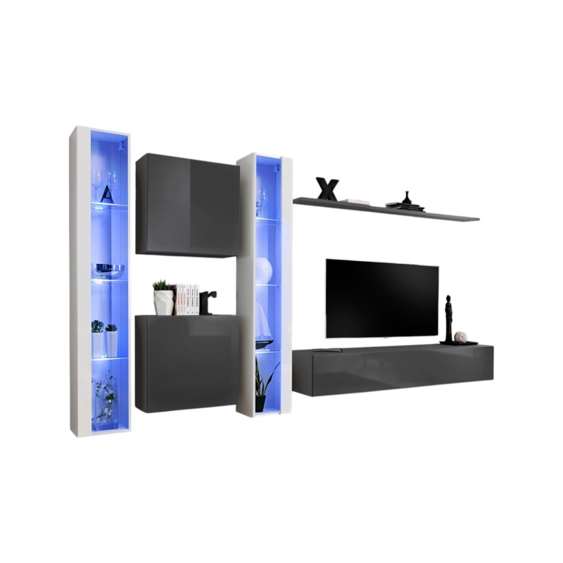 Ensemble meuble salon mural SWITCH XVI design, coloris gris et blanc brillant.