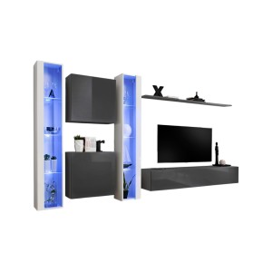 Ensemble meuble salon mural SWITCH XVI design, coloris gris et blanc brillant.