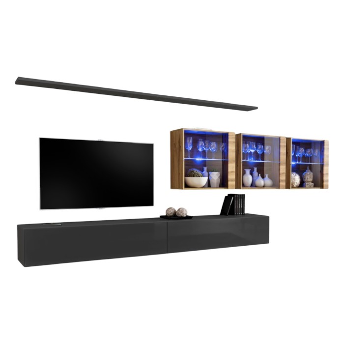 Ensemble meuble salon mural SWITCH XVII design, coloris gris brillant et chêne Wotan.