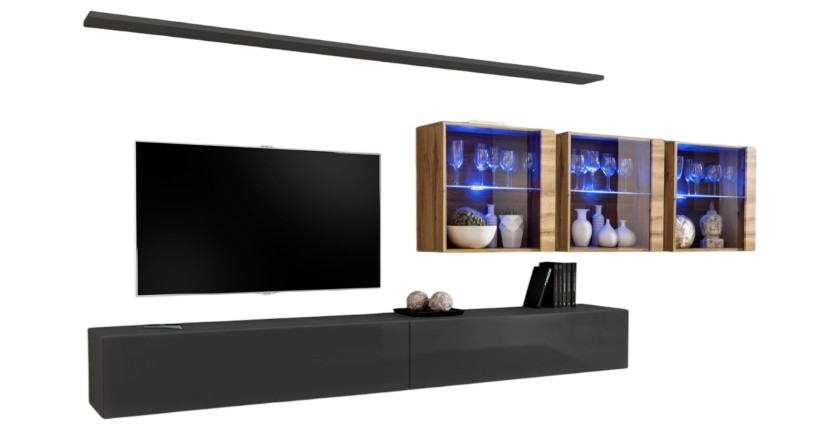 Ensemble meuble salon mural SWITCH XVII design, coloris gris brillant et chêne Wotan.