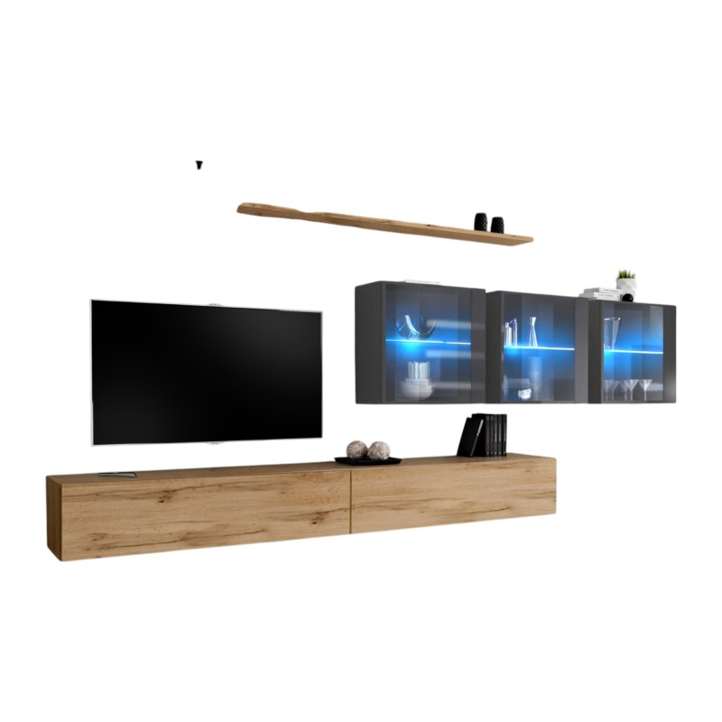 Ensemble meuble salon mural SWITCH XVII design, coloris chêne Wotan et gris brillant.