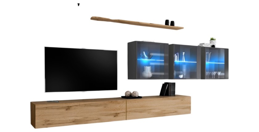 Ensemble meuble salon mural SWITCH XVII design, coloris chêne Wotan et gris brillant.