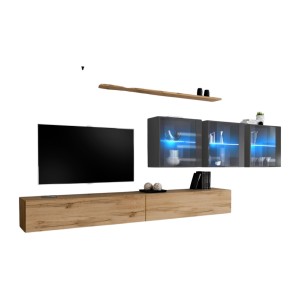 Ensemble meuble salon mural SWITCH XVII design, coloris chêne Wotan et gris brillant.