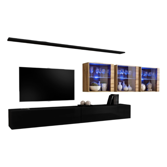 Ensemble meuble salon mural SWITCH XVII design, coloris noir brillant et chêne Wotan.