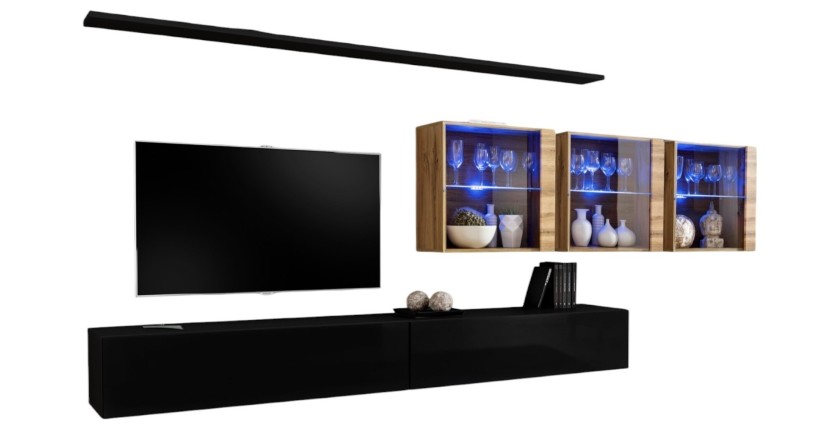 Ensemble meuble salon mural SWITCH XVII design, coloris noir brillant et chêne Wotan.
