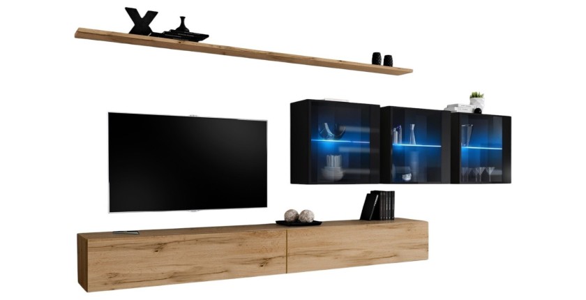 Ensemble meuble salon mural SWITCH XVII design, coloris chêne Wotan et noir brillant.