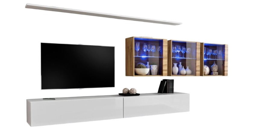 Ensemble meuble salon mural SWITCH XVII design, coloris blanc brillant et chêne Wotan.