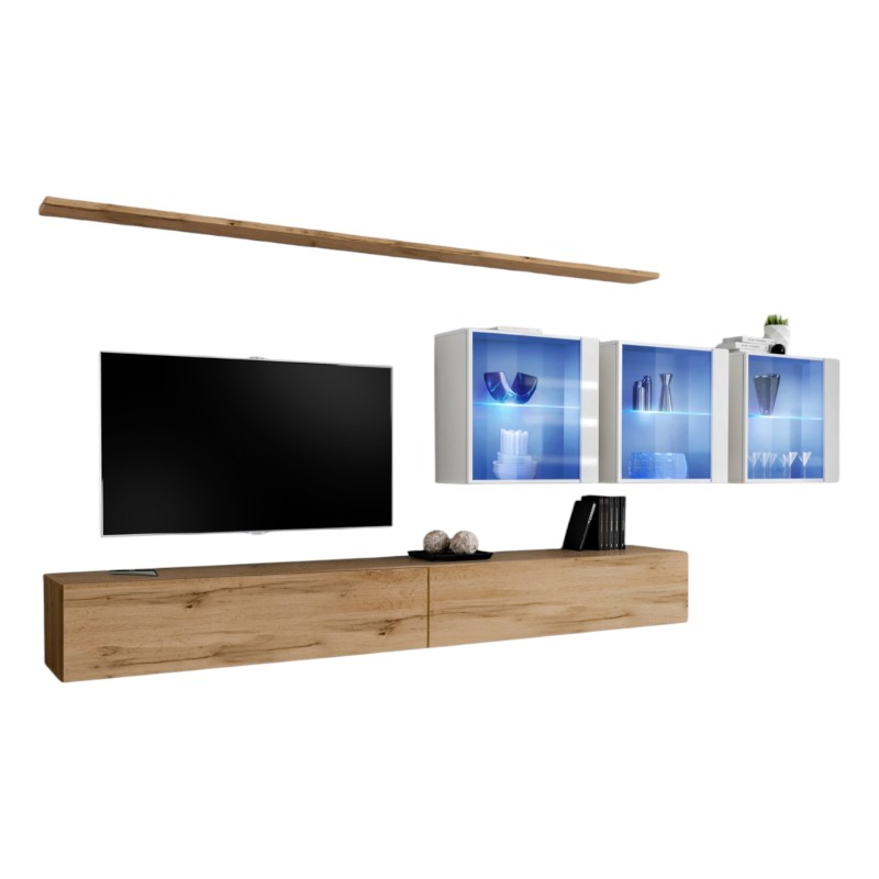 Ensemble meuble salon mural SWITCH XVII design, coloris chêne Wotan et blanc brillant.