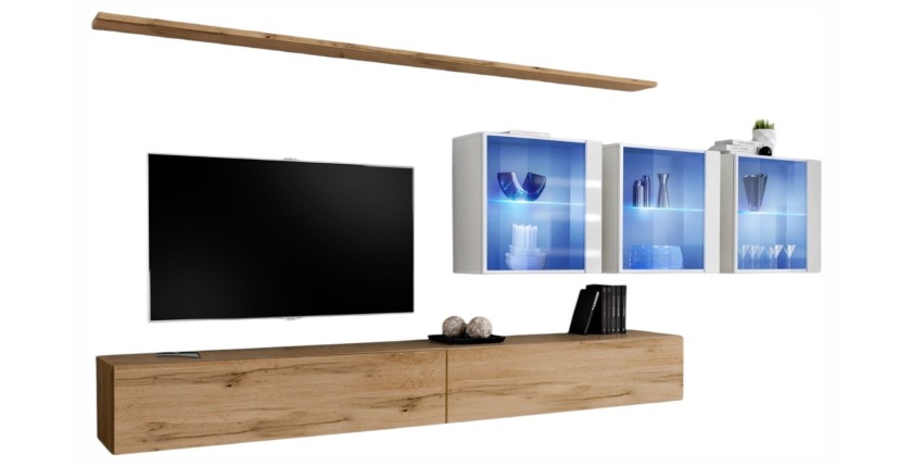 Ensemble meuble salon mural SWITCH XVII design, coloris chêne Wotan et blanc brillant.