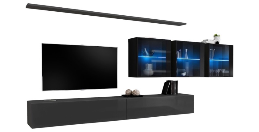 Ensemble meuble salon mural SWITCH XVII design, coloris gris et noir brillant.
