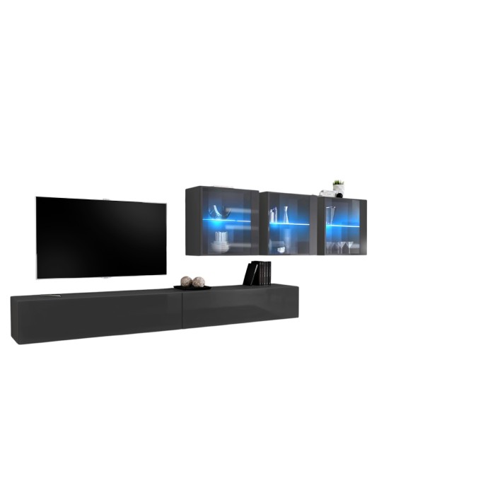 Ensemble meuble salon mural SWITCH XVII design, coloris gris brillant.