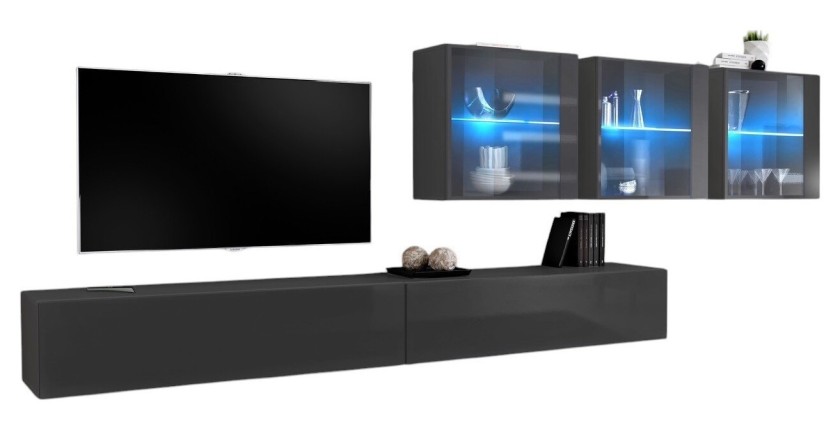 Ensemble meuble salon mural SWITCH XVII design, coloris gris brillant.